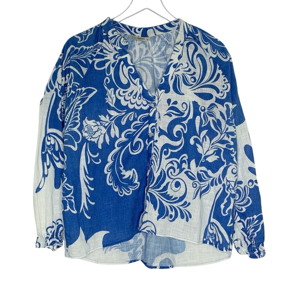 Outfitters Blue White Tile Print Top M Coastal Chic Mediterranean 100% Cotton